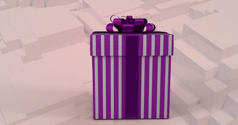Presenting striped purple gift box with wide ribbon curled bow on minimalist luxury plinth