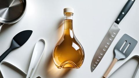 Elegant glass bottle of corn syrup and kitchen tools on modern countertop