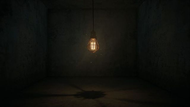Glowing Industrial Lightbulb in Dark Empty Concrete Chamber