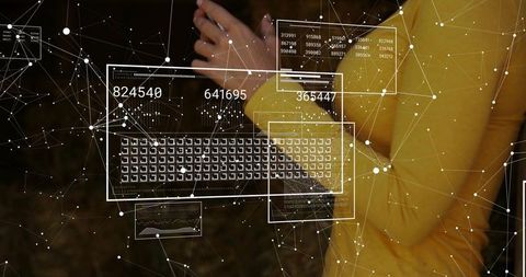 Woman holding smartphone interacting with virtual keyboard and data visualization overlay