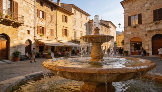Golden evening fountain in historic italian piazza with outdoor cafe and cobblestone streets