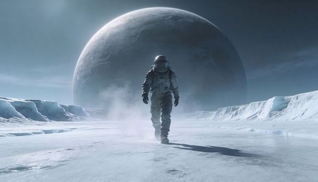Walking helmeted astronaut crossing glacial alien plain under looming gas giant
