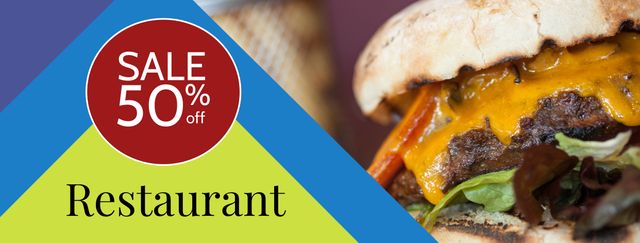 Discounted Restaurant Cheeseburger with 50 percent Off Sale Banner - Download Free Stock Templates Pikwizard.com