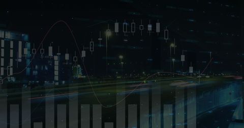 Financial data on illuminated cityscape background