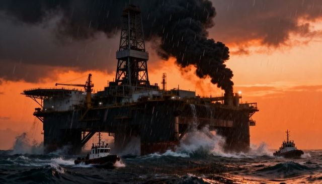 Offshore drilling platform emitting black smoke during stormy sunset with tugboats
