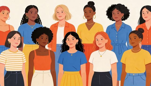 Diverse women standing together wearing blue and yellow outfits showing hoop earrings