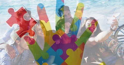 Friends Enjoying Beach Party with Autism Awareness Theme Overlay