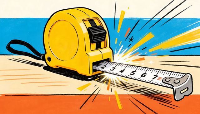 Yellow tape measure extending across wood surface creating sparkburst accent