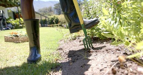 Person gardening using garden fork in lush backyard