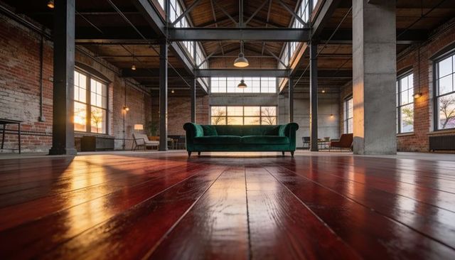 Emerald velvet sofa anchoring sunlit industrial loft with polished hardwood floors