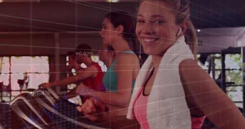 Woman running on treadmill with fitness data overlay in gym environment