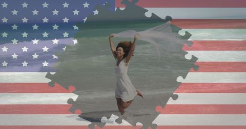 Joyful Woman Running on Beach Amid American Celebrations