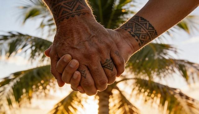 Holding hands with tribal tattoos at tropical sunset, palm fronds backlit, intimate couple