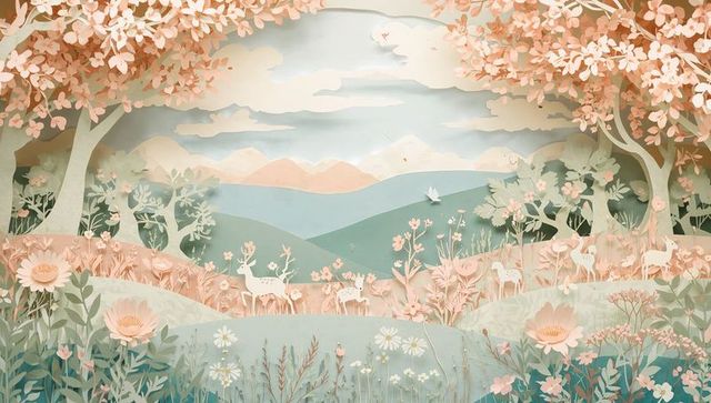 Pastel paper-cut meadow featuring grazing deer, blooming peach trees, daisy blooms