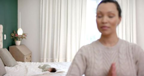 Calm Serenity in Bright Bedroom with Mother and Child Meditation