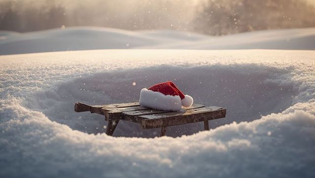Resting santa hat on rustic wooden sled in snowy field at sunrise with sparkling snow