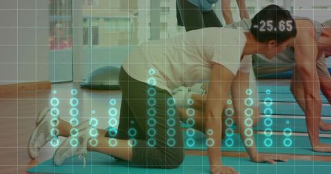 Kneeling man performing core workout on mat with wearable telemetry and data overlay
