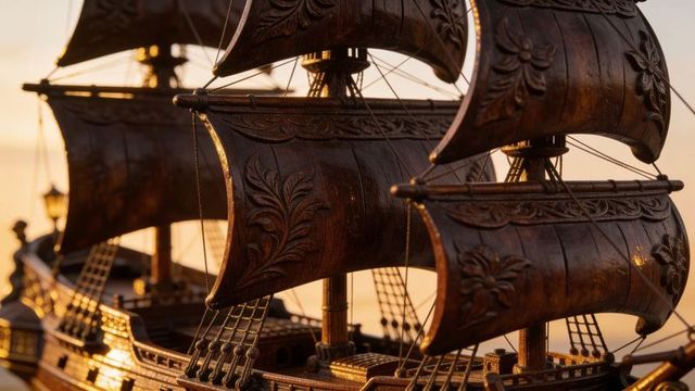 Displaying ornate wooden model ship at sunset with carved sails, intricate rigging and lantern glow