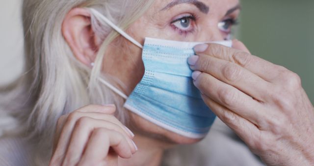 Senior woman adjusting face mask for protective safety. Useful for healthcare promotions, COVID-19 awareness, preventive measures, elderly care information, public safety campaigns, pandemic-related announcements.