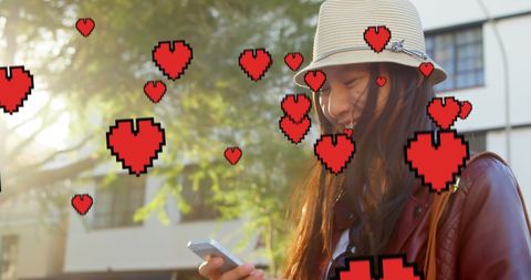 Woman Enjoying Social Media with Pixelated Hearts