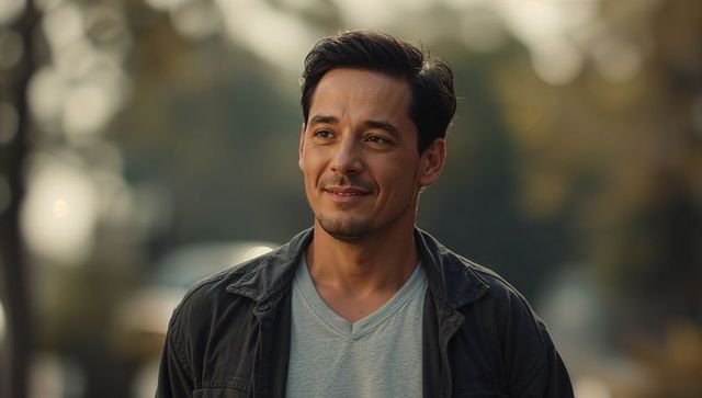 Smiling man strolling suburban street at golden hour wearing casual jacket and v-neck