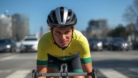 Focused Cyclist Charging Through City Crosswalk Wearing Yellow Jersey