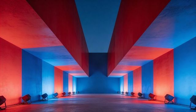 Dual-Tone Spotlight Corridor Bathing Geometric Gallery in Red and Blue