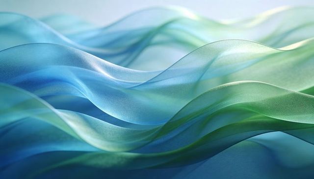 Flowing Blue-Green Sheer Ribbon Waves Abstract Translucent Gradient Background with Light