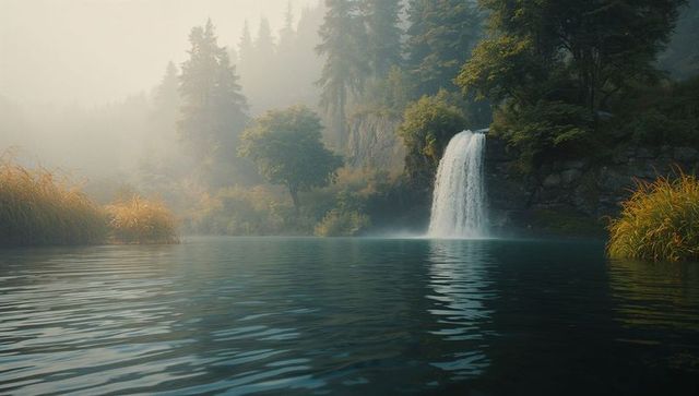 Serene waterfall cascading into misty forest pool