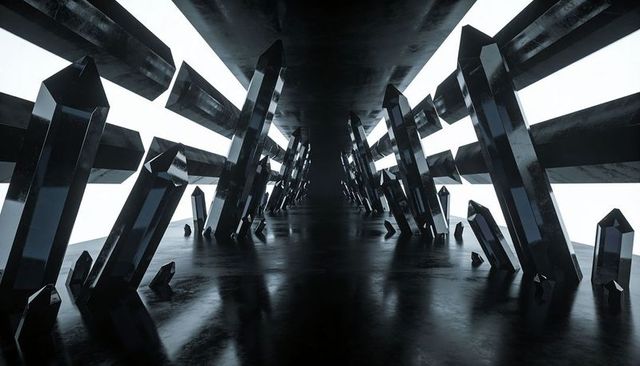 Futuristic crystal corridor with black obelisks and mirrored floor for sci-fi design