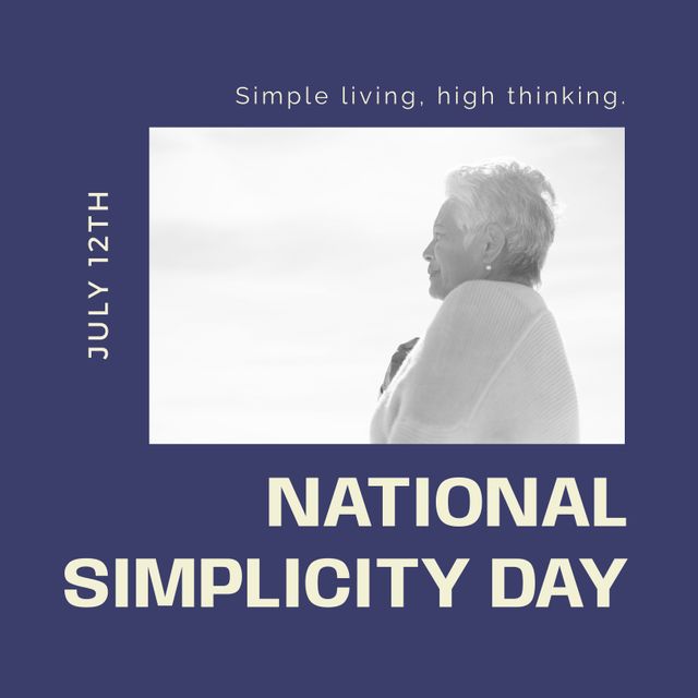 Perfect for promoting National Simplicity Day, this image features a happy senior biracial woman enjoying sunlight outdoors. Emphasizing a theme of simple living and high thinking, it highlights older adults, wellness, nature, and celebration of simplicity. Ideal for social media posts, awareness campaigns, and community event promotions.