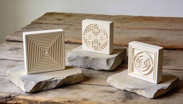 Geometric carved relief tiles on rustic stone plinths for home decor and design