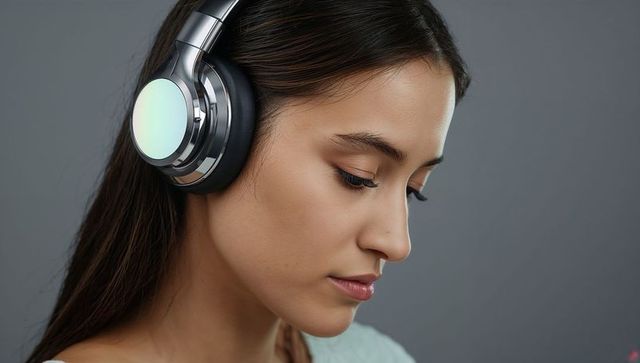 Asian woman wearing silver over-ear headphones listening closeup profile neutral expression