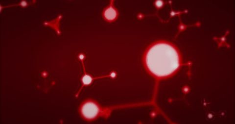 Multiple 3D glowing red molecules are spinning and moving against a red background, creating a captivating view. The image is ideal for use in educational and promotional materials related to science, medicine, and genetics. It can enhance presentations, digital media, and scientific demonstrations by adding a visually engaging component.