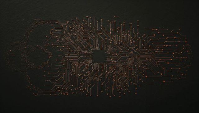 Microchip radiating copper traces on dark textured circuit network for ai and tech branding