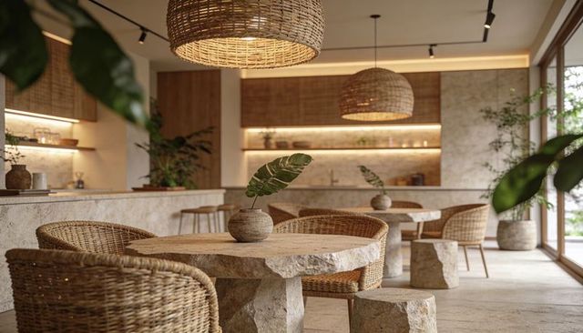 Warm minimalist cafe featuring round stone dining table, wicker chairs, organic accents