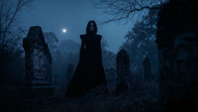 Gothic Woman in Moonlit Cemetery with Gravestones