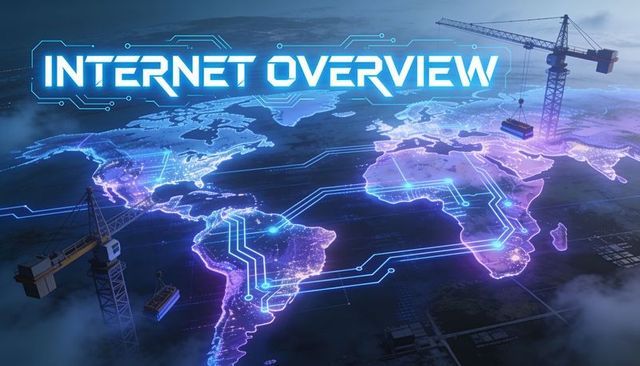 Internet overview: global network map with glowing neon circuits and cranes building infrastructure