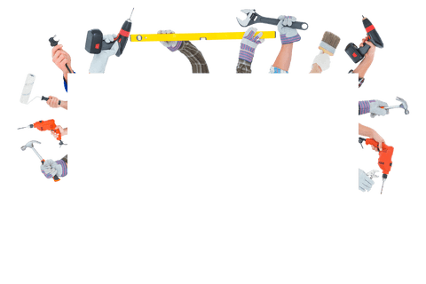 Hands holding various tools on transparent background for construction