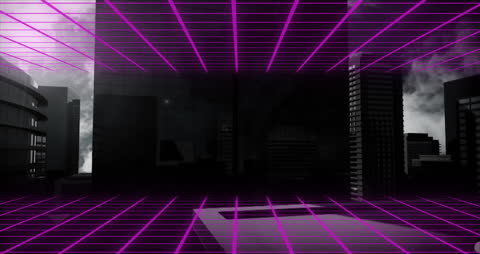 Futuristic Digital Grids Over Modern Cityscape at Night