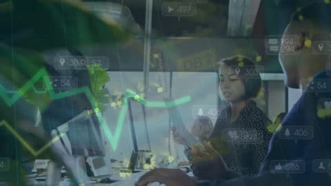 Business Team Discussing Documents in Modern Office with Digital Overlay