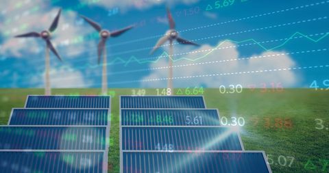 Financial energy trends with solar panels and wind turbines
