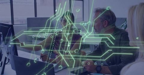 Team Collaborating with Augmented Reality Data Overlay and Analytics in Modern Workspace
