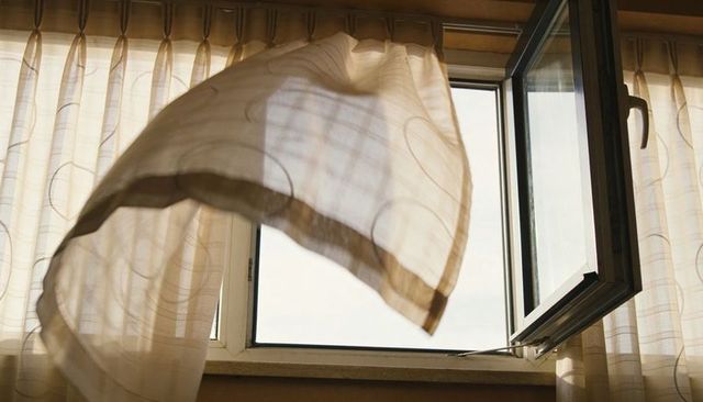 Sheer curtain billowing through open casement window in soft daylight with circular pattern