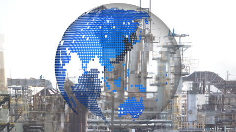 Digital Globe Overlaying Industrial Cityscape Symbolizing Global Connections
