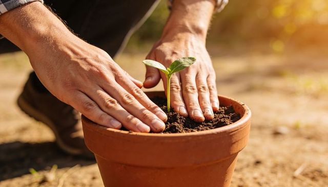 Hands nurturing young seedling in terracotta pot close-up sunlit backyard gardening