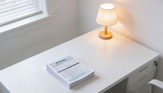 Minimal white desk with stacked printed forms and warm wooden lamp casting soft light