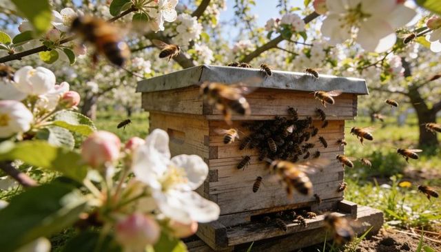 Buzzing wooden beehive swarming honeybees among apple blossoms in sunlit orchard