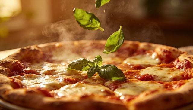 Steaming margherita pizza with flying basil leaves, melted mozzarella and sunlit crust