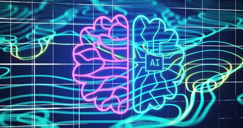 Neon AI Brain Concept with Digital Data Lines